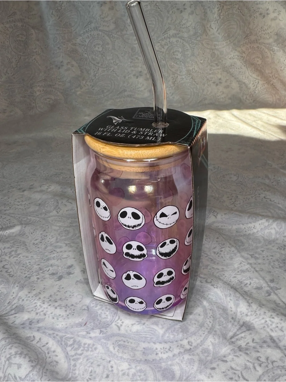 Nightmare Before Christmas Jack 16oz. glass tumbler & glass straw & bamboo lid